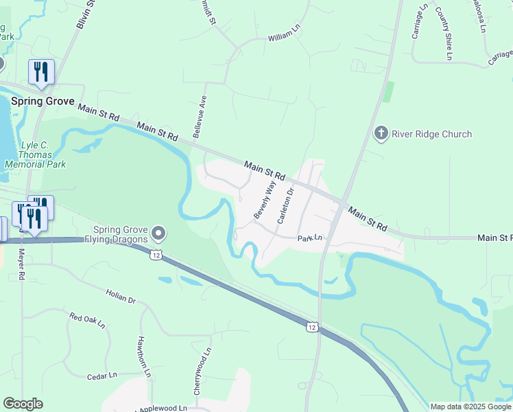 map of restaurants, bars, coffee shops, grocery stores, and more near 7715 Beverly Way in Spring Grove