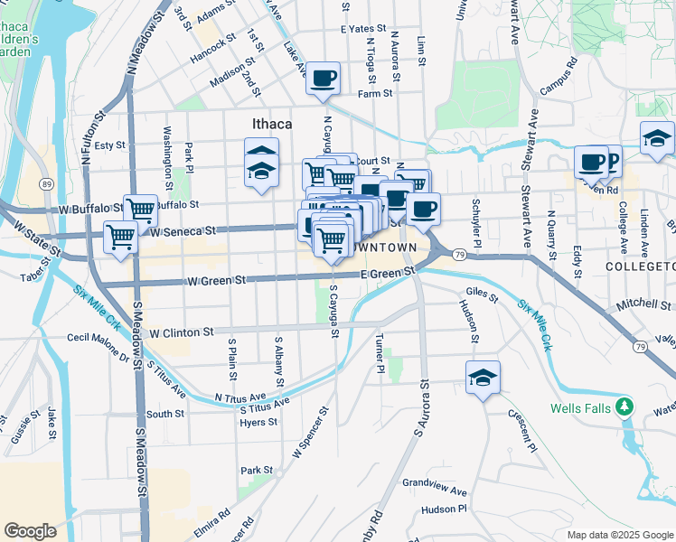 map of restaurants, bars, coffee shops, grocery stores, and more near 123 South Cayuga Street in Ithaca