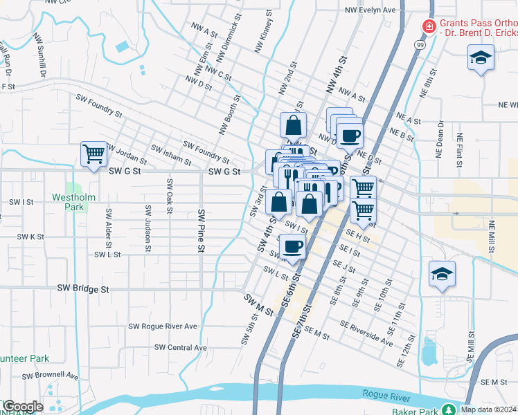 map of restaurants, bars, coffee shops, grocery stores, and more near 401 Southwest H Street in Grants Pass