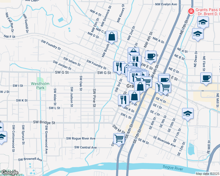 map of restaurants, bars, coffee shops, grocery stores, and more near 443 Southwest H Street in Grants Pass
