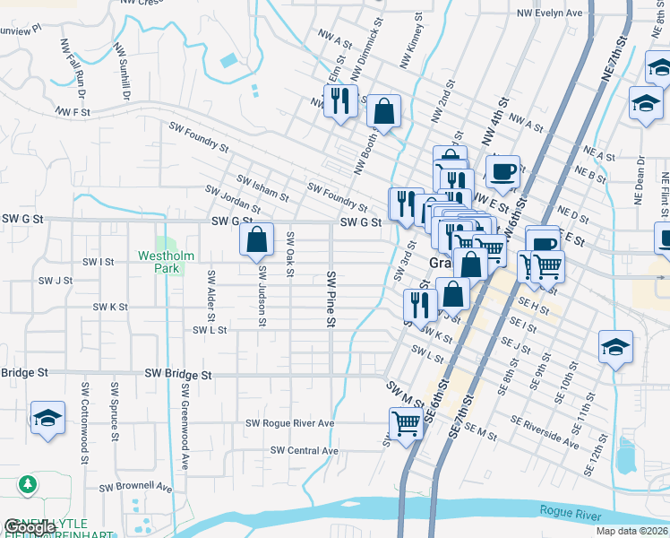 map of restaurants, bars, coffee shops, grocery stores, and more near 473 Southwest H Street in Grants Pass