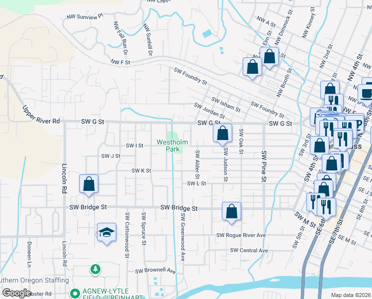 map of restaurants, bars, coffee shops, grocery stores, and more near 218 Southwest Greenwood Avenue in Grants Pass