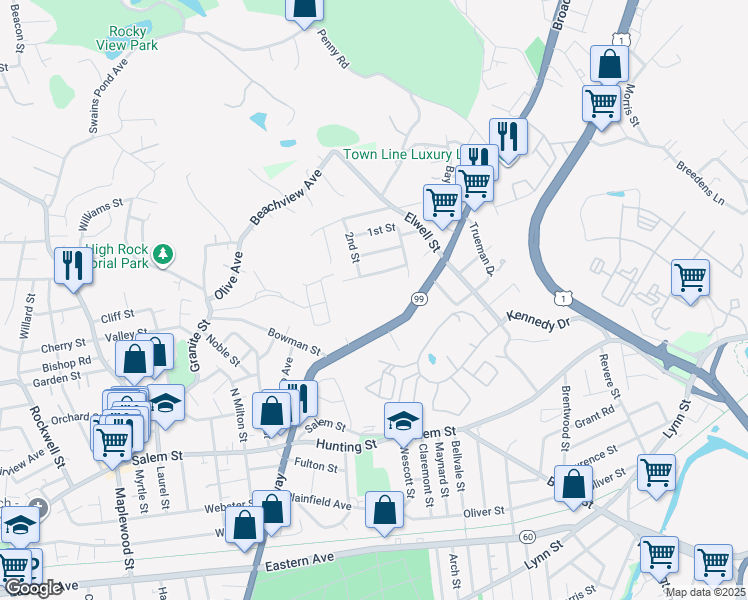 map of restaurants, bars, coffee shops, grocery stores, and more near 46 Tea Party Way in Malden