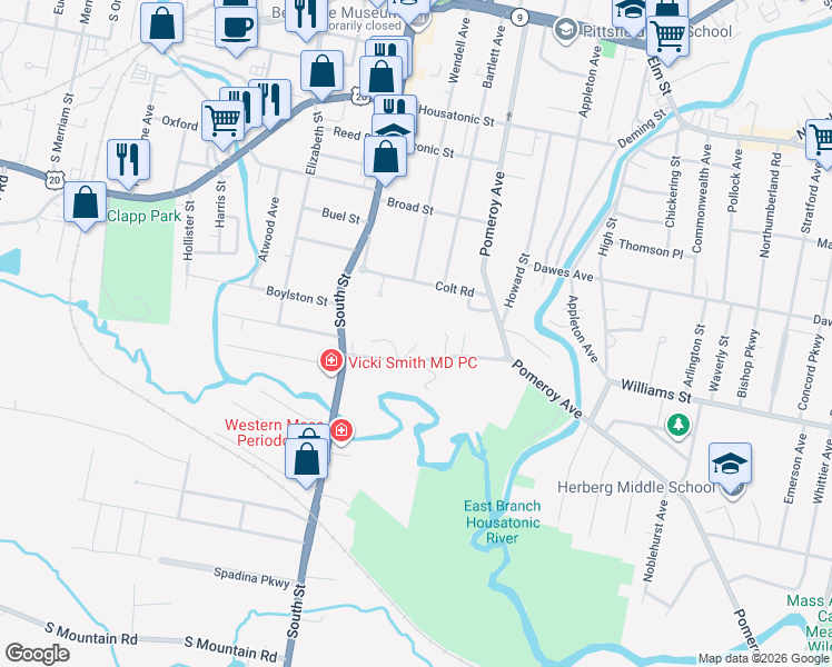 map of restaurants, bars, coffee shops, grocery stores, and more near 50 Colt Road in Pittsfield