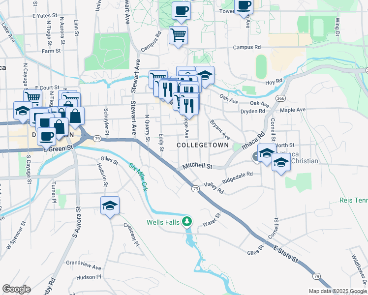 map of restaurants, bars, coffee shops, grocery stores, and more near 201 College Avenue in Ithaca