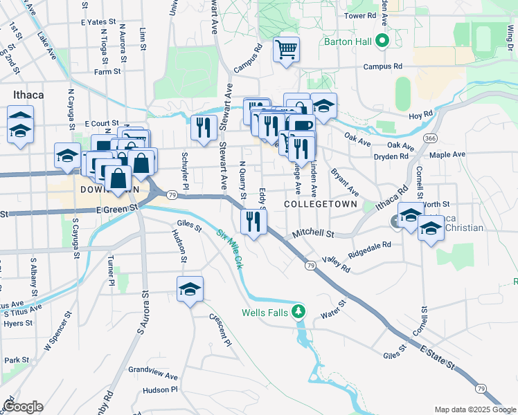 map of restaurants, bars, coffee shops, grocery stores, and more near 103 North Quarry Street in Ithaca