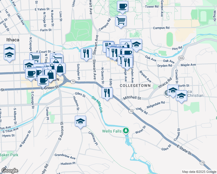 map of restaurants, bars, coffee shops, grocery stores, and more near 103 North Quarry Street in Ithaca