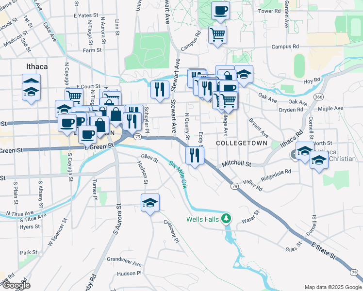 map of restaurants, bars, coffee shops, grocery stores, and more near 604 East State Street in Ithaca