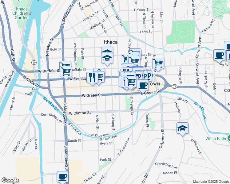 map of restaurants, bars, coffee shops, grocery stores, and more near 214 West State Street in Ithaca