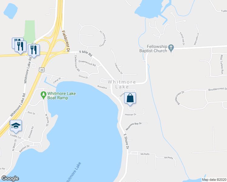 map of restaurants, bars, coffee shops, grocery stores, and more near 22981 Farmington Road in Farmington