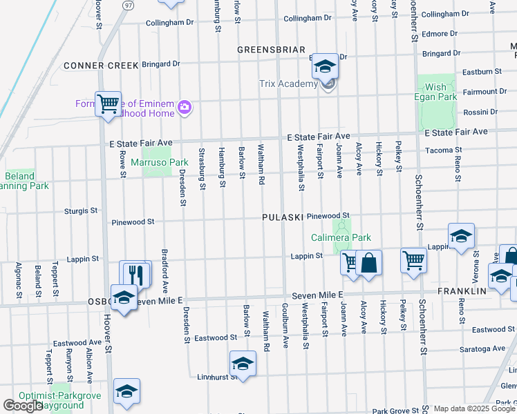 map of restaurants, bars, coffee shops, grocery stores, and more near 19529 Waltham Street in Detroit