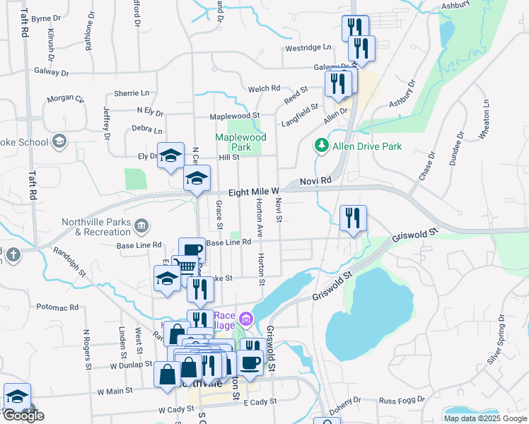map of restaurants, bars, coffee shops, grocery stores, and more near 790 Horton Street in Northville