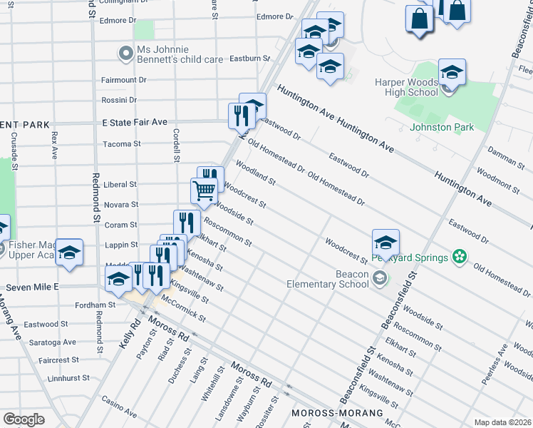 map of restaurants, bars, coffee shops, grocery stores, and more near 18763 Woodcrest Street in Harper Woods