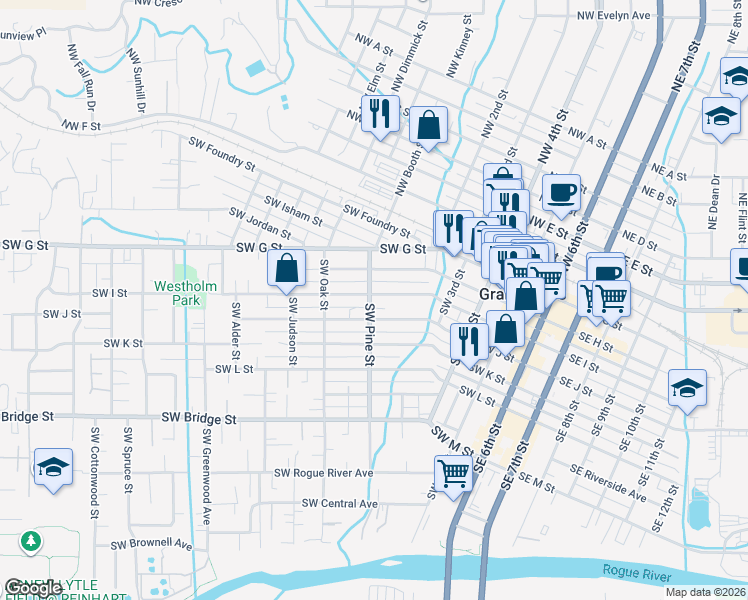 map of restaurants, bars, coffee shops, grocery stores, and more near 473 Southwest H Street in Grants Pass