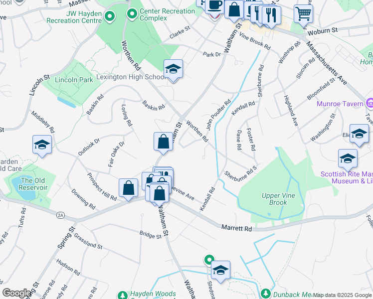 map of restaurants, bars, coffee shops, grocery stores, and more near 23 Captain Parker Arms in Lexington