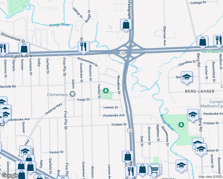 map of restaurants, bars, coffee shops, grocery stores, and more near 24287 Norfolk Road in Detroit