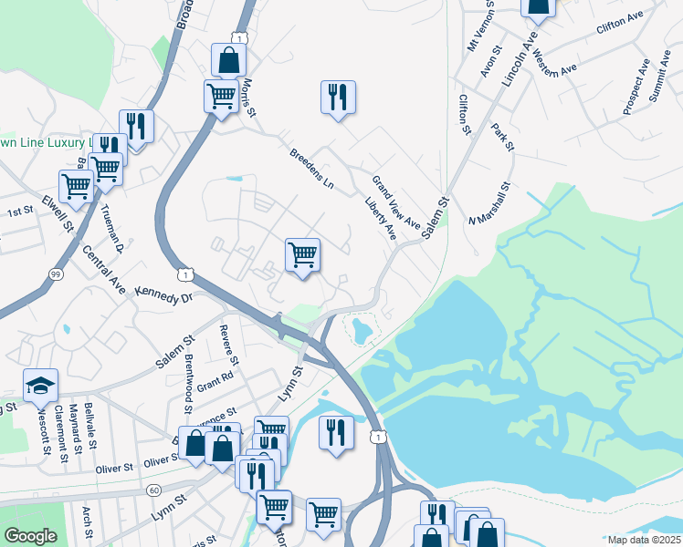 map of restaurants, bars, coffee shops, grocery stores, and more near 11 Overlook Ridge Drive in Revere