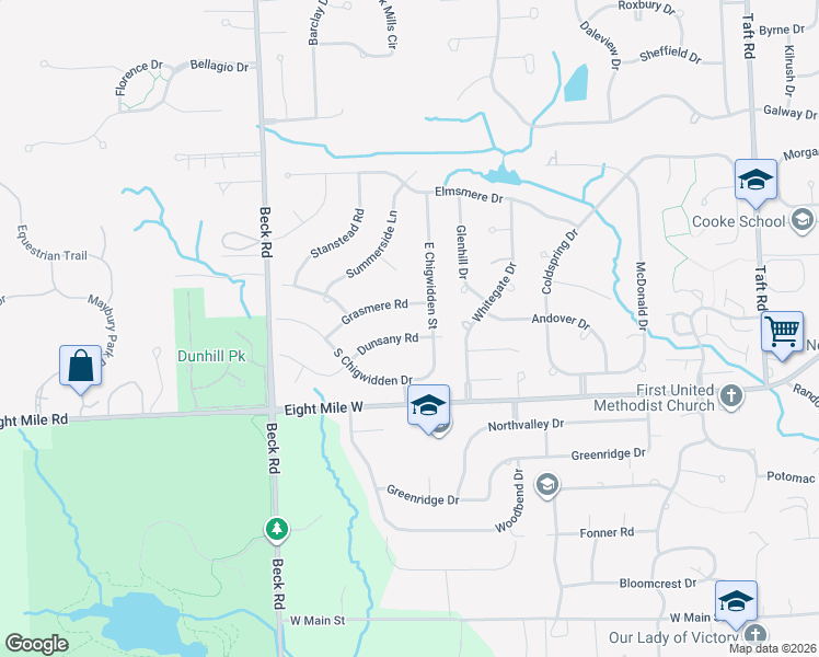 map of restaurants, bars, coffee shops, grocery stores, and more near 46793 Grasmere Road in Northville