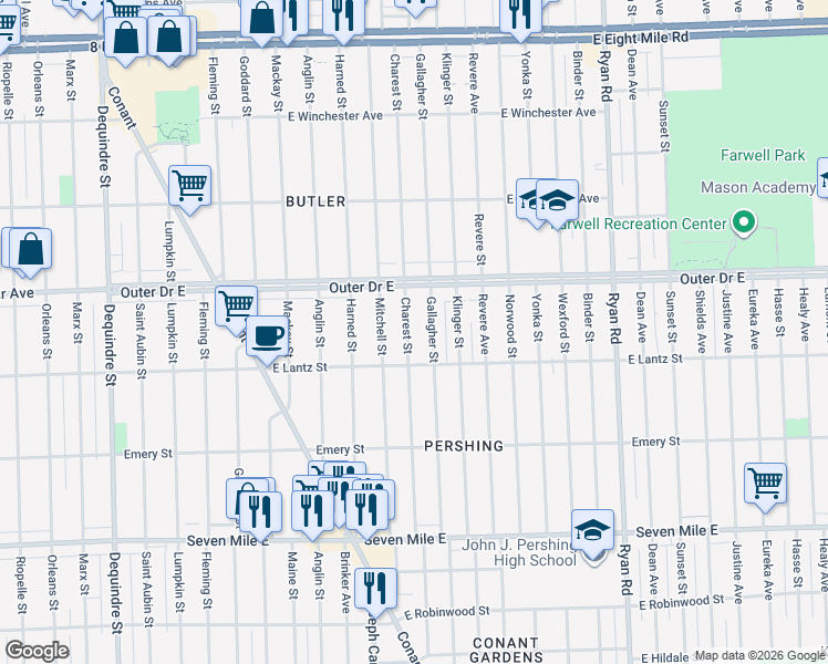 map of restaurants, bars, coffee shops, grocery stores, and more near 19714 Charest Street in Detroit