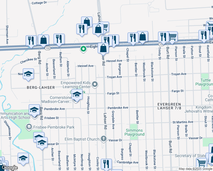 map of restaurants, bars, coffee shops, grocery stores, and more near 20060 Lahser Road in Detroit