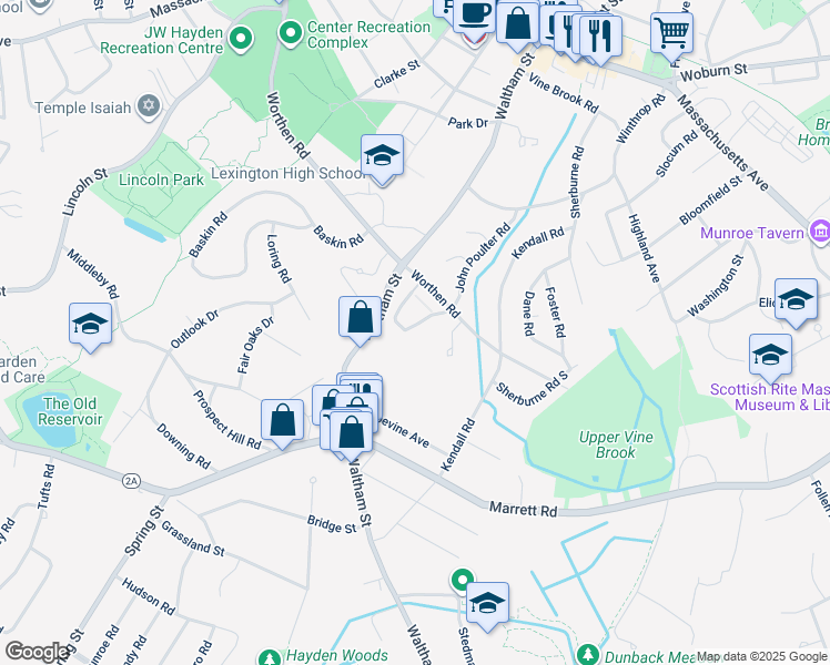 map of restaurants, bars, coffee shops, grocery stores, and more near 7 Captain Parker Arms in Lexington