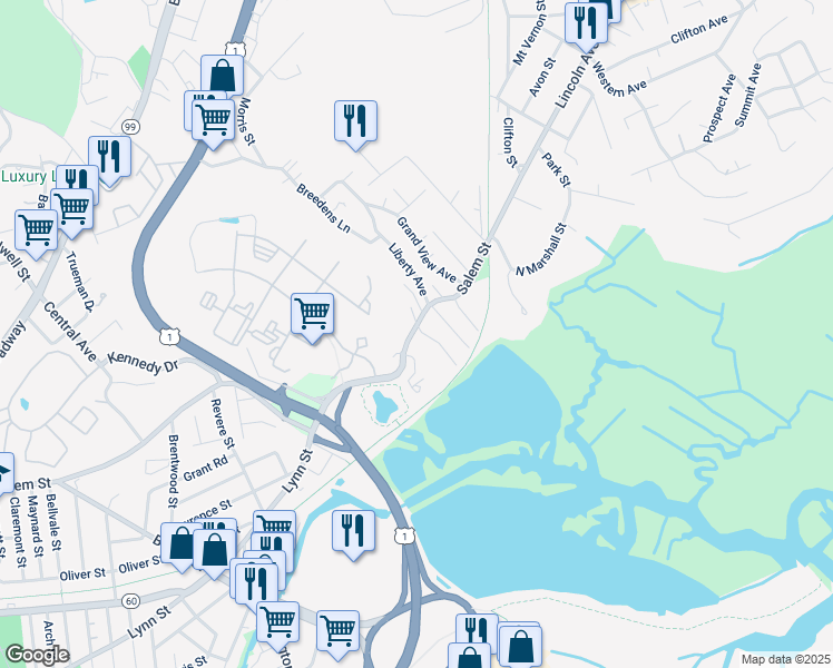 map of restaurants, bars, coffee shops, grocery stores, and more near 156A Salem Street in Revere
