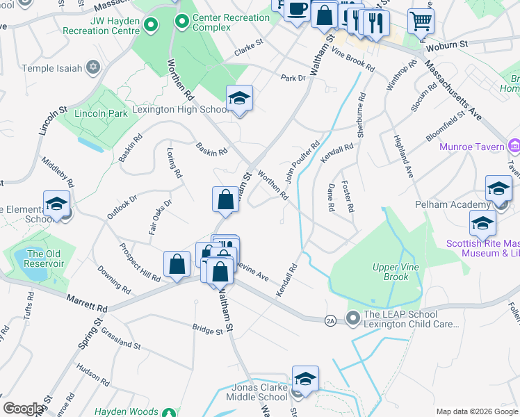 map of restaurants, bars, coffee shops, grocery stores, and more near 7 Captain Parker Arms in Lexington