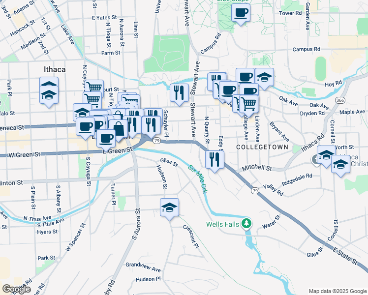 map of restaurants, bars, coffee shops, grocery stores, and more near 103 Sage Place in Ithaca