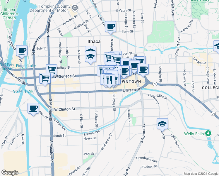 map of restaurants, bars, coffee shops, grocery stores, and more near 124 West State Street in Ithaca