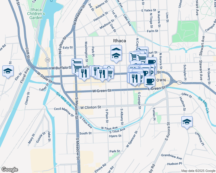 map of restaurants, bars, coffee shops, grocery stores, and more near 322 West State Street in Ithaca