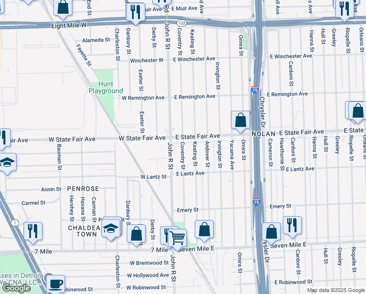 map of restaurants, bars, coffee shops, grocery stores, and more near 304 East State Fair Avenue in Detroit