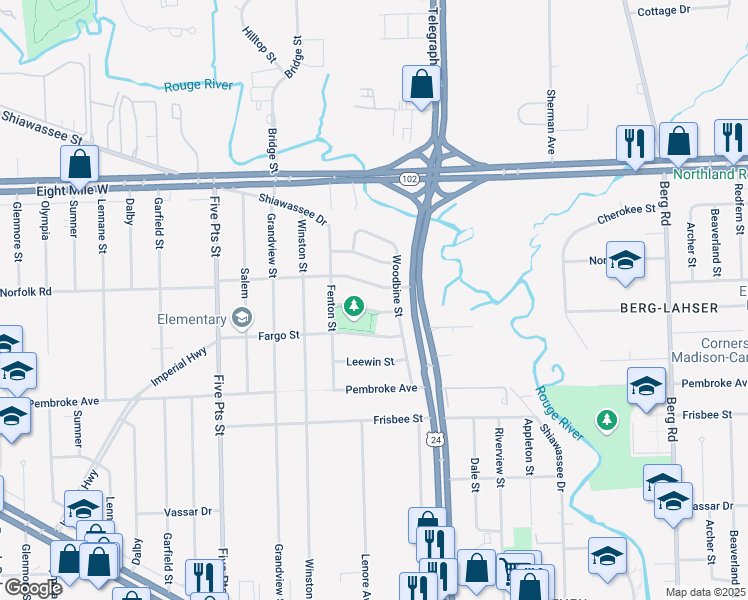 map of restaurants, bars, coffee shops, grocery stores, and more near 24287 Norfolk Road in Detroit