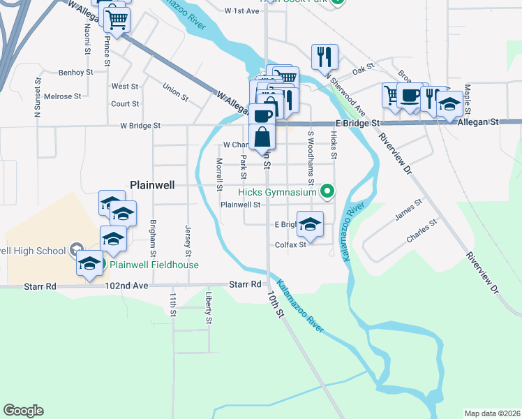 map of restaurants, bars, coffee shops, grocery stores, and more near 118 Plainwell Street in Plainwell