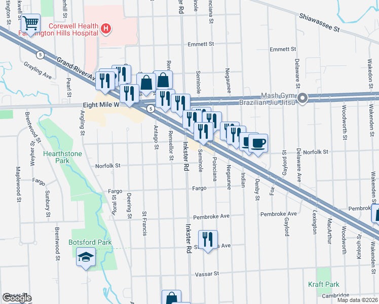 map of restaurants, bars, coffee shops, grocery stores, and more near 20436 Inkster Road in Wayne County