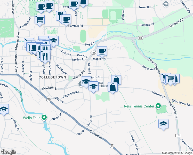 map of restaurants, bars, coffee shops, grocery stores, and more near 301 Worth Street in Ithaca