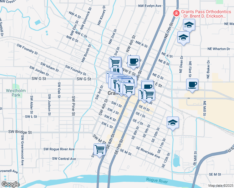 map of restaurants, bars, coffee shops, grocery stores, and more near in Grants Pass