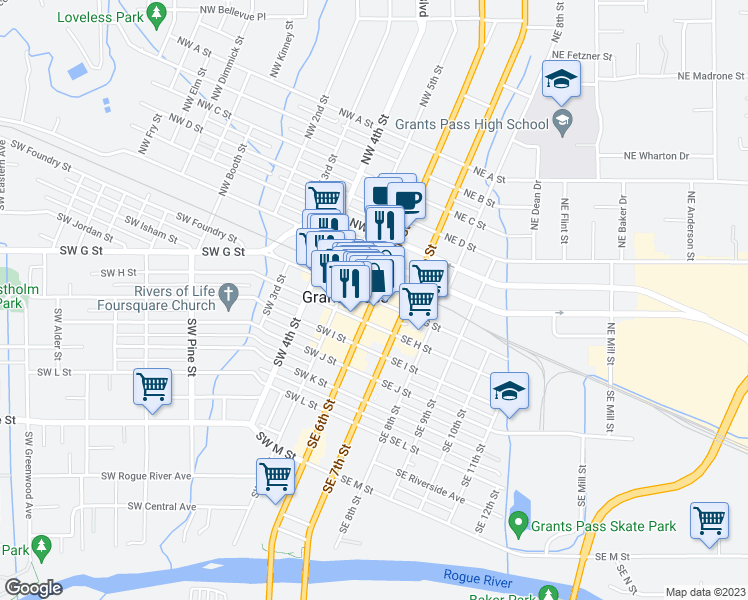 map of restaurants, bars, coffee shops, grocery stores, and more near SE 6th St & SW G St in Grants Pass