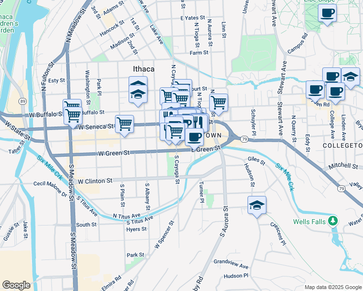 map of restaurants, bars, coffee shops, grocery stores, and more near 108 East Green Street in Ithaca