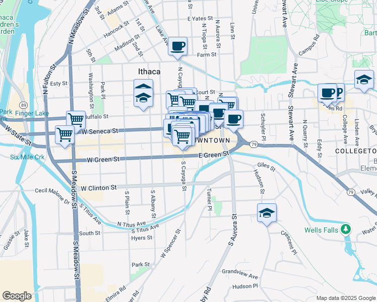 map of restaurants, bars, coffee shops, grocery stores, and more near 108 East Green Street in Ithaca