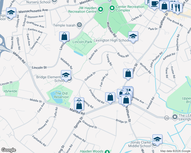 map of restaurants, bars, coffee shops, grocery stores, and more near 91 Outlook Drive in Lexington