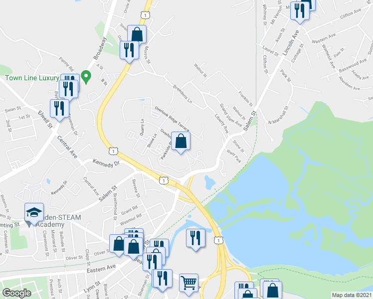 map of restaurants, bars, coffee shops, grocery stores, and more near Overlook Ridge Drive in Revere