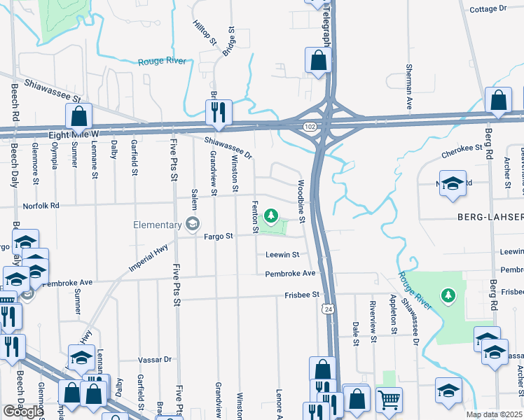 map of restaurants, bars, coffee shops, grocery stores, and more near 20111 Fenton Street in Detroit