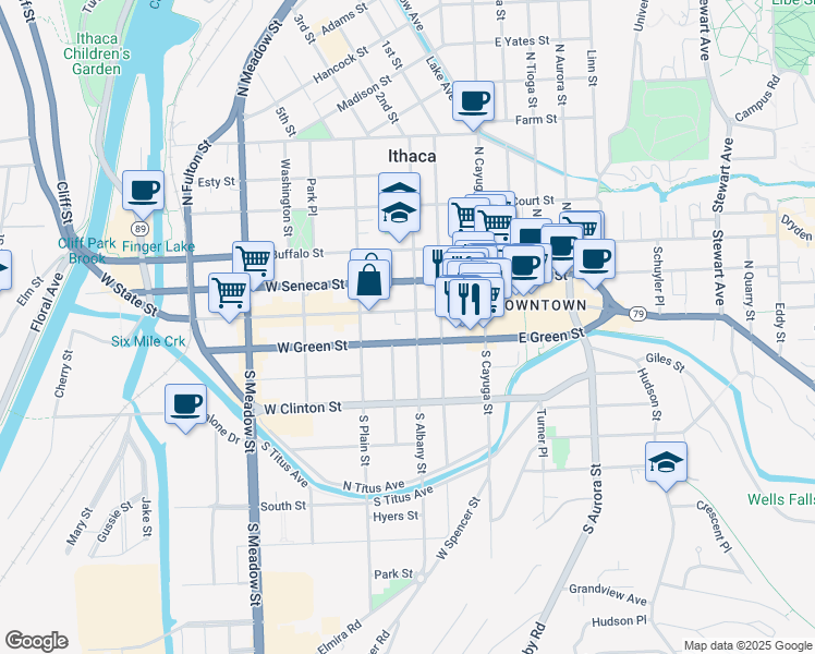 map of restaurants, bars, coffee shops, grocery stores, and more near 110 South Albany Street in Ithaca