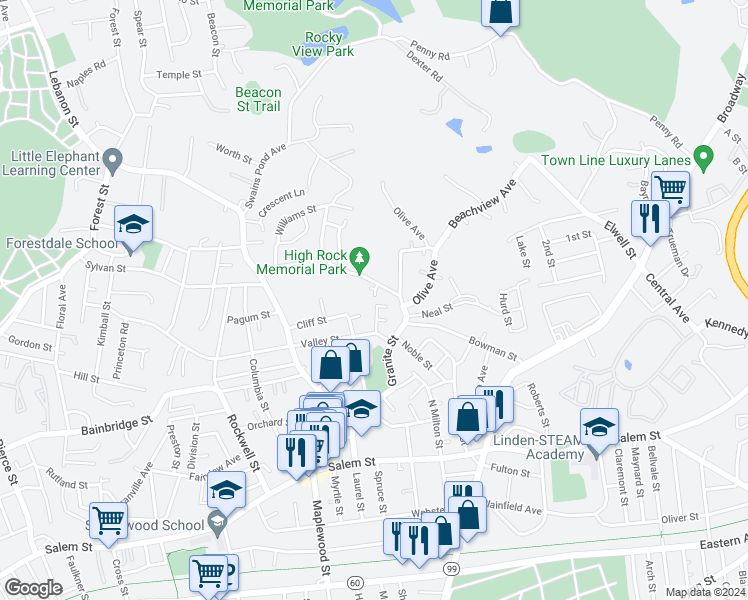 map of restaurants, bars, coffee shops, grocery stores, and more near 4 Tyler Court in Malden