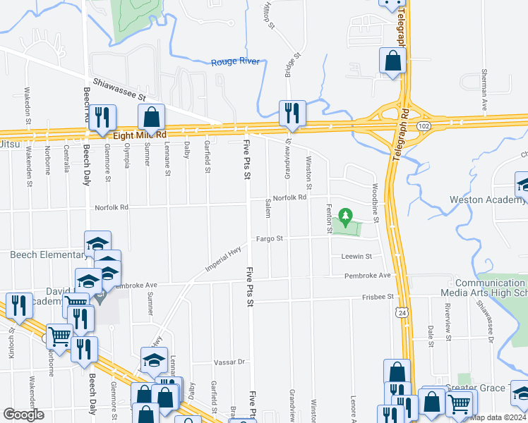 map of restaurants, bars, coffee shops, grocery stores, and more near 20083 Salem Street in Detroit