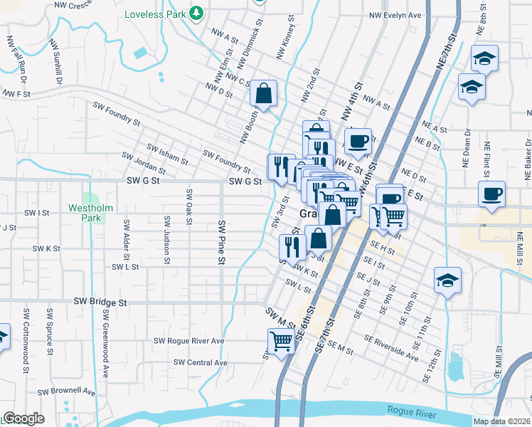 map of restaurants, bars, coffee shops, grocery stores, and more near 443 Southwest H Street in Grants Pass