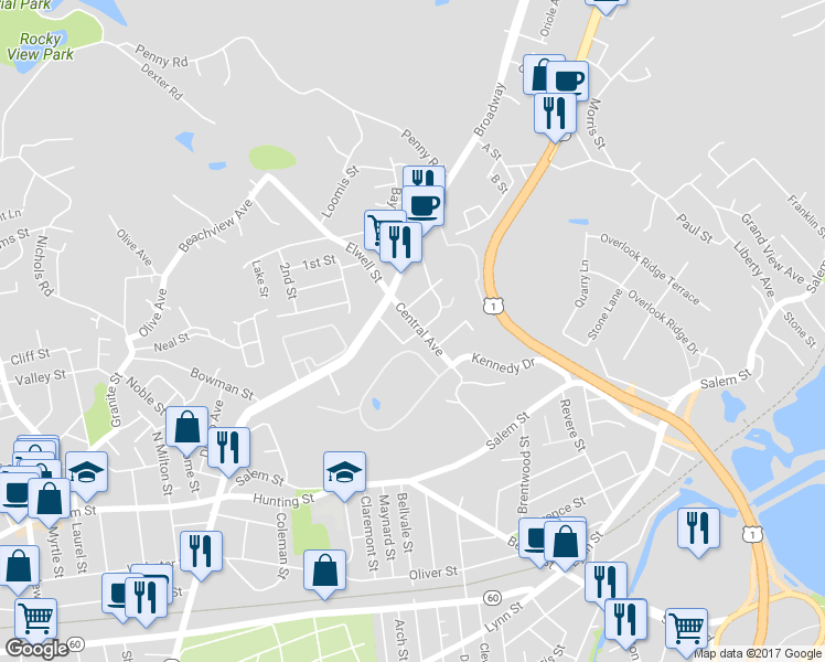 map of restaurants, bars, coffee shops, grocery stores, and more near 32 Central Avenue in Malden