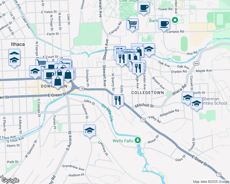 map of restaurants, bars, coffee shops, grocery stores, and more near 103 North Quarry Street in Ithaca