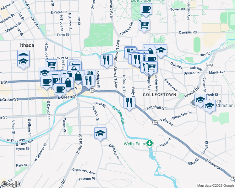map of restaurants, bars, coffee shops, grocery stores, and more near 604 East State Street in Ithaca