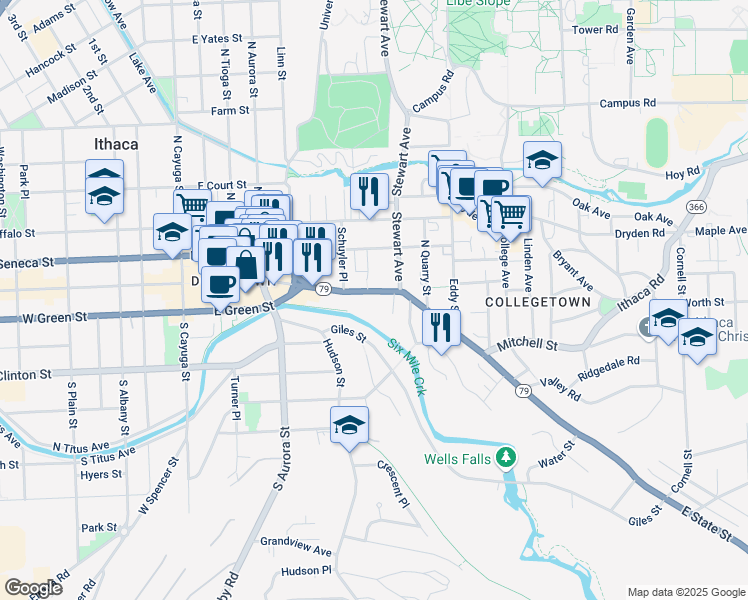 map of restaurants, bars, coffee shops, grocery stores, and more near 103 Sage Place in Ithaca